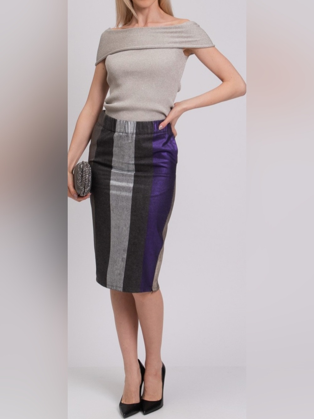 Manila Grace Metallic Coated Colorblock Pencil Skirt